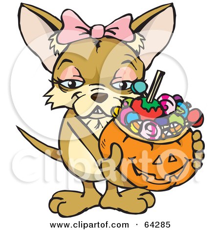 Royalty-Free (RF) Clipart Illustration of a Trick Or Treating Chihuahua Holding A Pumpkin Basket Full Of Halloween Candy by Dennis Holmes Designs
