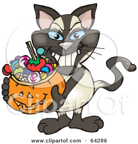 Royalty-Free (RF) Clipart Illustration of a Trick Or Treating Siamese Cat Holding A Pumpkin Basket Full Of Halloween Candy by Dennis Holmes Designs