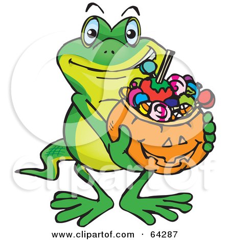 Royalty-Free (RF) Clipart Illustration of a Trick Or Treating Gecko Holding A Pumpkin Basket Full Of Halloween Candy by Dennis Holmes Designs
