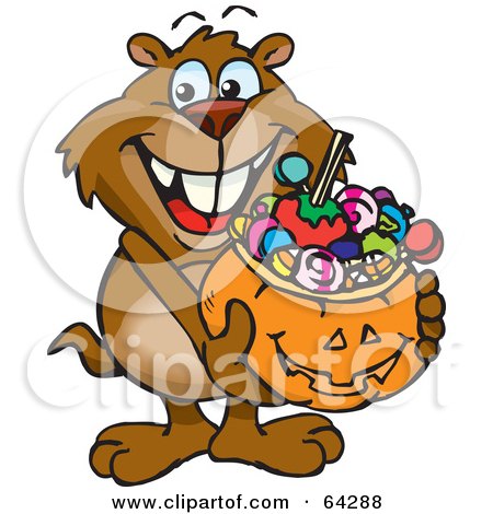 Royalty-Free (RF) Clipart Illustration of a Trick Or Treating Gopher Holding A Pumpkin Basket Full Of Halloween Candy by Dennis Holmes Designs