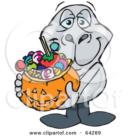 Royalty-Free (RF) Clipart Illustration of a Trick Or Treating Dugong Holding A Pumpkin Basket Full Of Halloween Candy by Dennis Holmes Designs