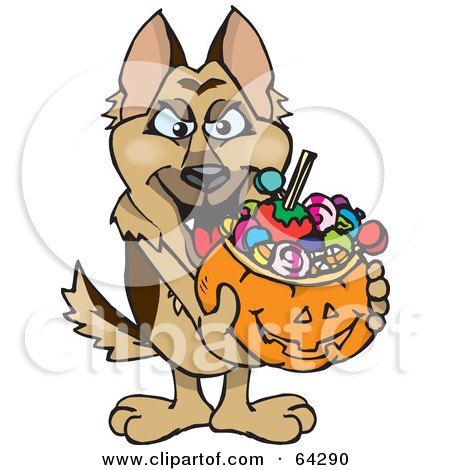 Royalty-Free (RF) Clipart Illustration of a Trick Or Treating German Shepherd Holding A Pumpkin Basket Full Of Halloween Candy by Dennis Holmes Designs