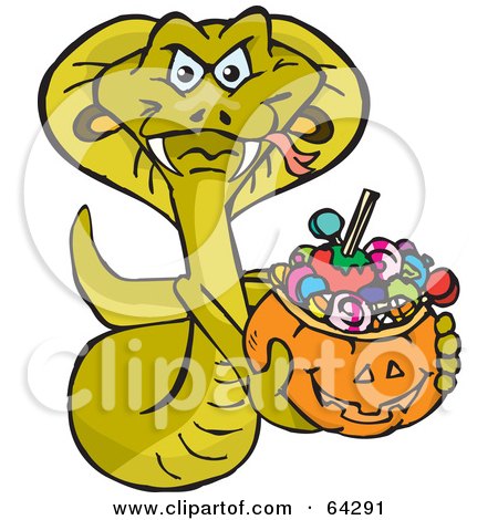 Royalty-Free (RF) Clipart Illustration of a Trick Or Treating Cobra Holding A Pumpkin Basket Full Of Halloween Candy by Dennis Holmes Designs