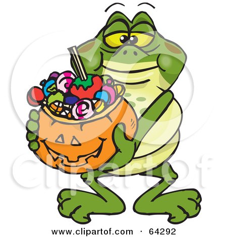 Royalty-Free (RF) Clipart Illustration of a Trick Or Treating Bullfrog Holding A Pumpkin Basket Full Of Halloween Candy by Dennis Holmes Designs
