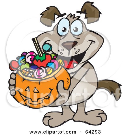 Royalty-Free (RF) Clipart Illustration of a Trick Or Treating Canine Holding A Pumpkin Basket Full Of Halloween Candy by Dennis Holmes Designs