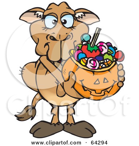 Royalty-Free (RF) Clipart Illustration of a Trick Or Treating Camel Holding A Pumpkin Basket Full Of Halloween Candy by Dennis Holmes Designs