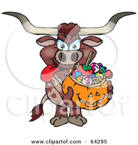 Royalty-Free (RF) Clipart Illustration of a Trick Or Treating Long Horn Bull Holding A Pumpkin Basket Full Of Halloween Candy by Dennis Holmes Designs