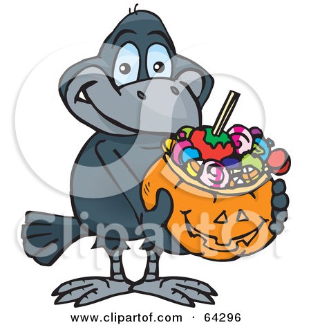 Royalty-Free (RF) Clipart Illustration of a Trick Or Treating Crow Holding A Pumpkin Basket Full Of Halloween Candy by Dennis Holmes Designs