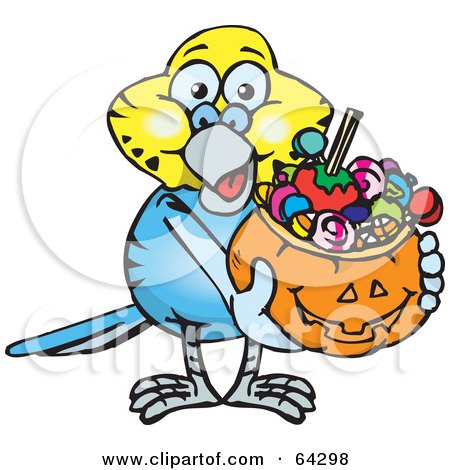Royalty-Free (RF) Clipart Illustration of a Trick Or Treating Budgie Holding A Pumpkin Basket Full Of Halloween Candy by Dennis Holmes Designs