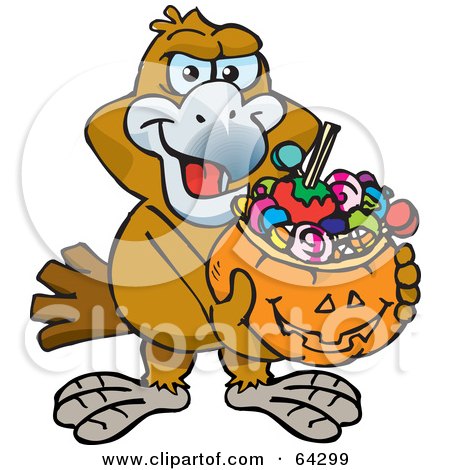 Royalty-Free (RF) Clipart Illustration of a Trick Or Treating Eagle Holding A Pumpkin Basket Full Of Halloween Candy by Dennis Holmes Designs