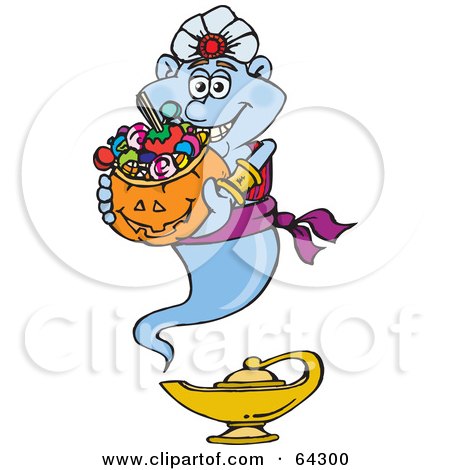 Royalty-Free (RF) Clipart Illustration of a Trick Or Treating Genie Holding A Pumpkin Basket Full Of Halloween Candy by Dennis Holmes Designs