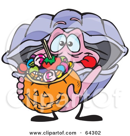 Royalty-Free (RF) Clipart Illustration of a Trick Or Treating Clam Holding A Pumpkin Basket Full Of Halloween Candy by Dennis Holmes Designs