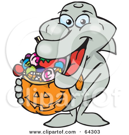 Royalty-Free (RF) Clipart Illustration of a Trick Or Treating Dolphin Holding A Pumpkin Basket Full Of Halloween Candy by Dennis Holmes Designs
