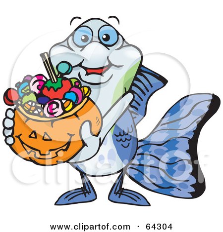 Royalty-Free (RF) Clipart Illustration of a Trick Or Treating Guppy Holding A Pumpkin Basket Full Of Halloween Candy by Dennis Holmes Designs