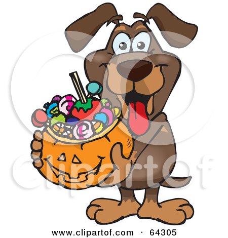 Royalty-Free (RF) Clipart Illustration of a Trick Or Treating Wiener Dog Holding A Pumpkin Basket Full Of Halloween Candy by Dennis Holmes Designs