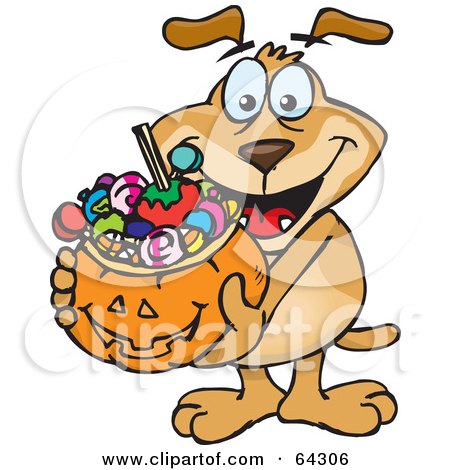 Royalty-Free (RF) Clipart Illustration of a Trick Or Treating Sparkey Dog Holding A Pumpkin Basket Full Of Halloween Candy by Dennis Holmes Designs