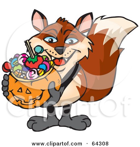 Royalty-Free (RF) Clipart Illustration of a Trick Or Treating Fox Holding A Pumpkin Basket Full Of Halloween Candy by Dennis Holmes Designs