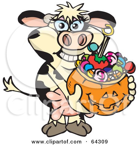 Royalty-Free (RF) Clipart Illustration of a Trick Or Treating Cow Holding A Pumpkin Basket Full Of Halloween Candy by Dennis Holmes Designs