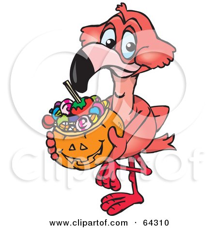 Royalty-Free (RF) Clipart Illustration of a Trick Or Treating Flamingo Holding A Pumpkin Basket Full Of Halloween Candy by Dennis Holmes Designs