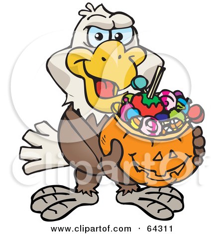 Royalty-Free (RF) Clipart Illustration of a Trick Or Treating Bald Eagle Holding A Pumpkin Basket Full Of Halloween Candy by Dennis Holmes Designs