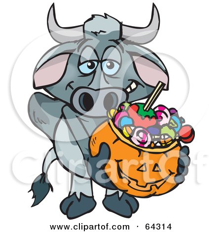 Royalty-Free (RF) Clipart Illustration of a Trick Or Treating Longhorn Bull Holding A Pumpkin Basket Full Of Halloween Candy by Dennis Holmes Designs