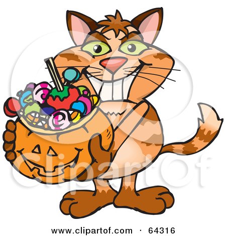 Royalty-Free (RF) Clipart Illustration of a Trick Or Treating Ginger Cat Holding A Pumpkin Basket Full Of Halloween Candy by Dennis Holmes Designs