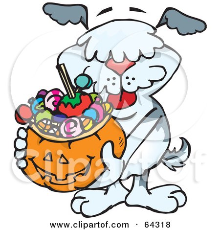 Royalty-Free (RF) Clipart Illustration of a Trick Or Treating Sheepdog Holding A Pumpkin Basket Full Of Halloween Candy by Dennis Holmes Designs
