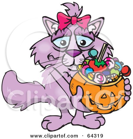 Royalty-Free (RF) Clipart Illustration of a Trick Or Treating Pink Cat Holding A Pumpkin Basket Full Of Halloween Candy by Dennis Holmes Designs