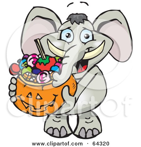 Royalty-Free (RF) Clipart Illustration of a Trick Or Treating Elephant Holding A Pumpkin Basket Full Of Halloween Candy by Dennis Holmes Designs