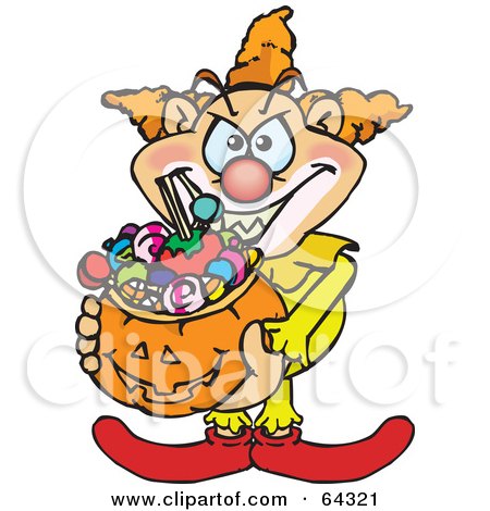 Royalty-Free (RF) Clipart Illustration of a Trick Or Treating Clown Holding A Pumpkin Basket Full Of Halloween Candy by Dennis Holmes Designs