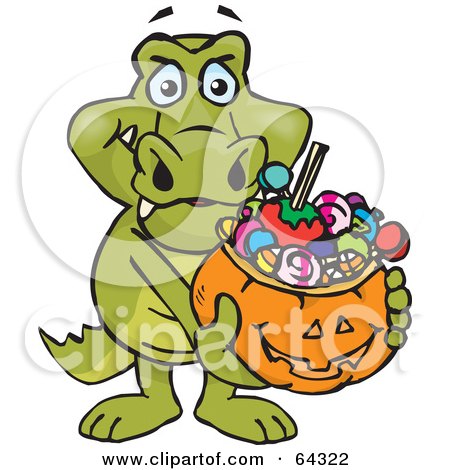 Royalty-Free (RF) Clipart Illustration of a Trick Or Treating Crocodile Holding A Pumpkin Basket Full Of Halloween Candy by Dennis Holmes Designs