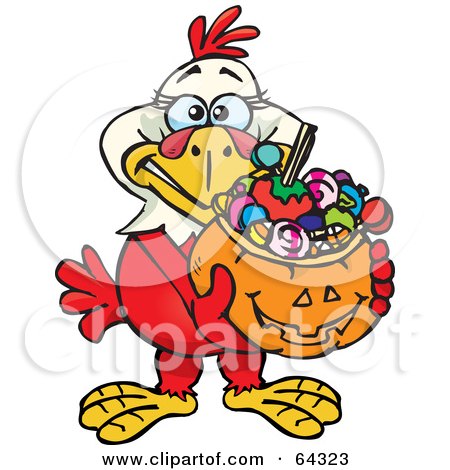 Royalty-Free (RF) Clipart Illustration of a Trick Or Treating Hen Holding A Pumpkin Basket Full Of Halloween Candy by Dennis Holmes Designs