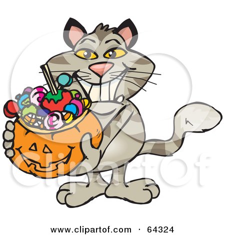 Royalty-Free (RF) Clipart Illustration of a Trick Or Treating Cat Holding A Pumpkin Basket Full Of Halloween Candy by Dennis Holmes Designs