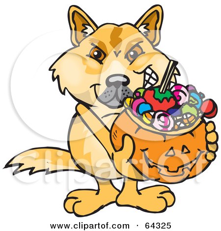 Royalty-Free (RF) Clipart Illustration of a Trick Or Treating Dingo Holding A Pumpkin Basket Full Of Halloween Candy by Dennis Holmes Designs