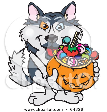 Royalty-Free (RF) Clipart Illustration of a Trick Or Treating Husky Holding A Pumpkin Basket Full Of Halloween Candy by Dennis Holmes Designs