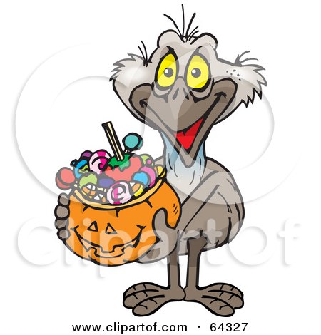 Royalty-Free (RF) Clipart Illustration of a Trick Or Treating Emu Holding A Pumpkin Basket Full Of Halloween Candy by Dennis Holmes Designs
