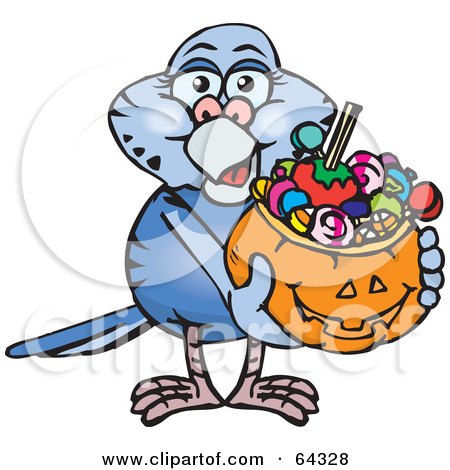 Royalty-Free (RF) Clipart Illustration of a Trick Or Treating Budgerigar Holding A Pumpkin Basket Full Of Halloween Candy by Dennis Holmes Designs