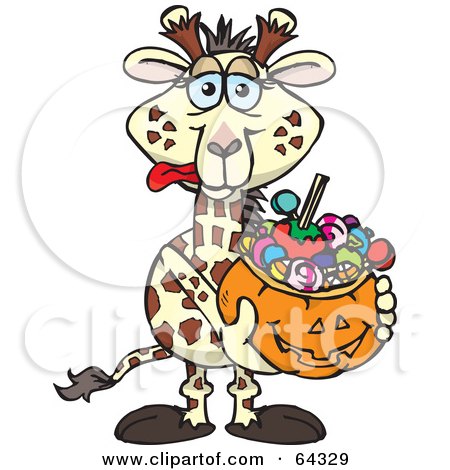 Royalty-Free (RF) Clipart Illustration of a Trick Or Treating Giraffe Holding A Pumpkin Basket Full Of Halloween Candy by Dennis Holmes Designs