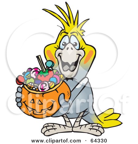 Royalty-Free (RF) Clipart Illustration of a Trick Or Treating Cockatiel Holding A Pumpkin Basket Full Of Halloween Candy by Dennis Holmes Designs