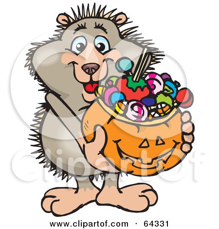 Royalty-Free (RF) Clipart Illustration of a Trick Or Treating Hedgehog Holding A Pumpkin Basket Full Of Halloween Candy by Dennis Holmes Designs