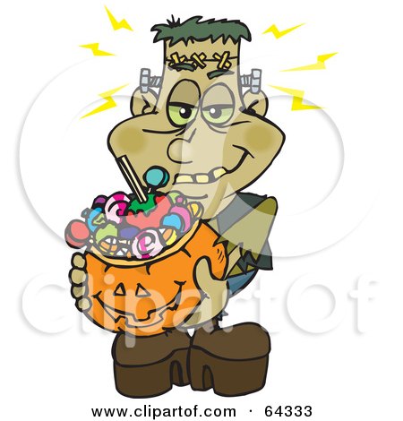 Trick Or Treating Frankenstein Holding A Pumpkin Basket Full Of Halloween Candy Posters, Art Prints