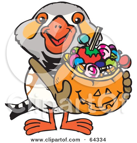 Royalty-Free (RF) Clipart Illustration of a Trick Or Treating Zebra Finch Holding A Pumpkin Basket Full Of Halloween Candy by Dennis Holmes Designs