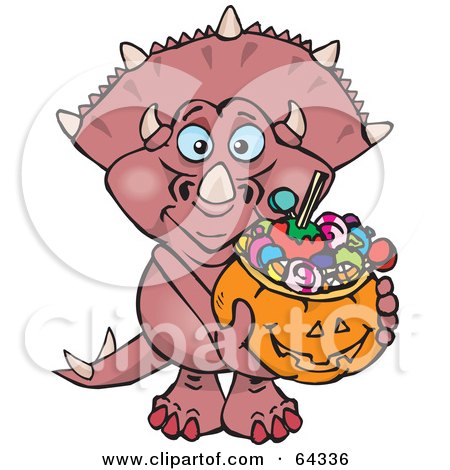 Royalty-Free (RF) Clipart Illustration of a Trick Or Treating Triceratops Holding A Pumpkin Basket Full Of Halloween Candy by Dennis Holmes Designs