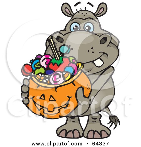 Royalty-Free (RF) Clipart Illustration of a Trick Or Treating Hippo Holding A Pumpkin Basket Full Of Halloween Candy by Dennis Holmes Designs
