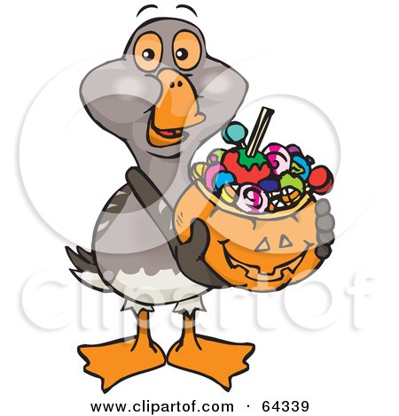 Royalty-Free (RF) Clipart Illustration of a Trick Or Treating Goose Holding A Pumpkin Basket Full Of Halloween Candy by Dennis Holmes Designs