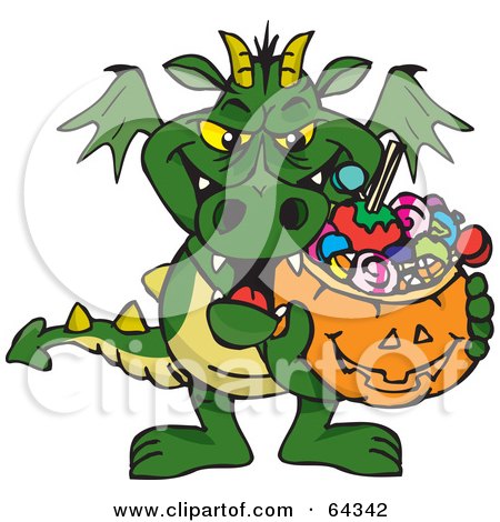Royalty-Free (RF) Clipart Illustration of a Trick Or Treating Green Dragon Holding A Pumpkin Basket Full Of Halloween Candy by Dennis Holmes Designs