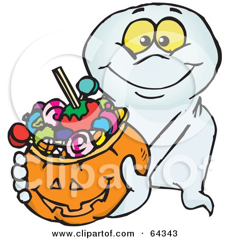 Royalty-Free (RF) Clipart Illustration of a Trick Or Treating Friendly Ghost Holding A Pumpkin Basket Full Of Halloween Candy by Dennis Holmes Designs