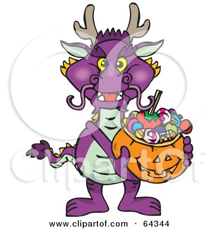 Royalty-Free (RF) Clipart Illustration of a Trick Or Treating Purple Dragon Holding A Pumpkin Basket Full Of Halloween Candy by Dennis Holmes Designs