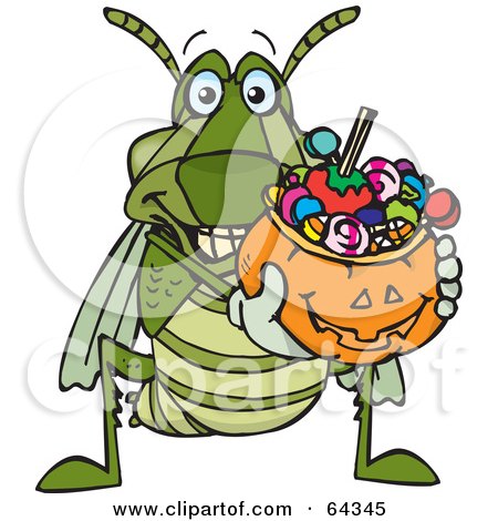Royalty-Free (RF) Clipart Illustration of a Trick Or Treating Grasshopper Holding A Pumpkin Basket Full Of Halloween Candy by Dennis Holmes Designs
