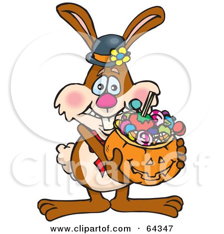 Royalty-Free (RF) Clipart Illustration of a Trick Or Treating Bunny Holding A Pumpkin Basket Full Of Halloween Candy by Dennis Holmes Designs